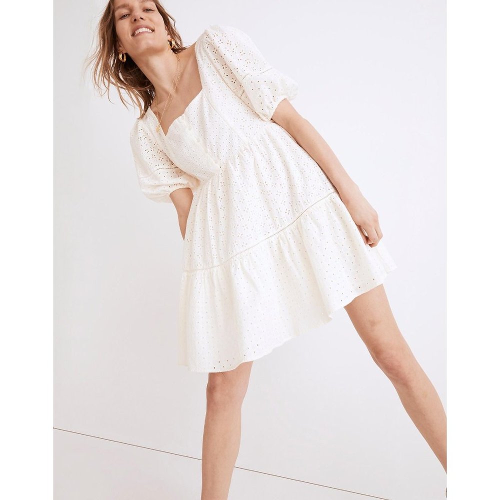 MADEWELL EYELET MIX TIERED MINI DRESS SIZE 0 NWT $138